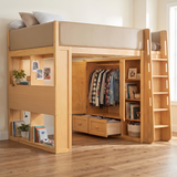 Full Solid Wood Loft Bed Frame with Built-in Wardrobe, PU Leather Guardrails, LED Lights & Storage Drawers