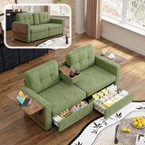 2-Seat Sofa Loveseat Comfy Chenille Upholstered Couch with Foldable Side Tables,Storage Drawers,Cup Holder Console&Soft Cushions, Green