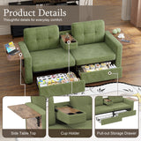 2-Seat Sofa Loveseat Comfy Chenille Upholstered Couch with Foldable Side Tables,Storage Drawers,Cup Holder Console&Soft Cushions, Green