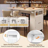 3-in-1 Extendable Dining Table Counter Height Bar Table Kitchen Island Prep Table with 2-Door Storage Cabinet,Adjustable Shelf&Hooks,White