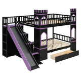 Full over Full Size Castle Bunk Bed Frame with Slide, Storage Stairs & Drawer for Bedroom, Apartment
