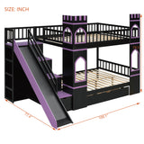 Full over Full Size Castle Bunk Bed Frame with Slide, Storage Stairs & Drawer for Bedroom, Apartment