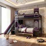 Full over Full Size Castle Bunk Bed Frame with Slide, Storage Stairs & Drawer for Bedroom, Apartment