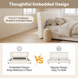 King Size Upholstered Platform Bed Frame with Thick Padded Wingback Headboard, Noise-Free, Cream White