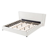 King Size Upholstered Platform Bed Frame with Thick Padded Wingback Headboard, Noise-Free, Cream White