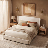 King Size Upholstered Platform Bed Frame with Thick Padded Wingback Headboard, Noise-Free, Cream White