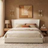 King Size Upholstered Platform Bed Frame with Thick Padded Wingback Headboard, Noise-Free, Cream White