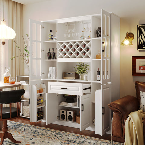 Wine Cabinet with Wine Rack & Glass Holder, Kitchen & Bar Cabinet with Drawer, Adjustable Shelves, Door Storage for Dining Room
