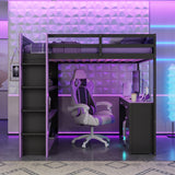 Full Size Loft Bed with Desk, Storage Shelves & Drawers, Wood Gaming Loft Bed Frame for Teens/Adults