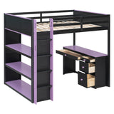 Full Size Loft Bed with Desk, Storage Shelves & Drawers, Wood Gaming Loft Bed Frame for Teens/Adults