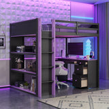 Full Size Loft Bed with Desk, Storage Shelves & Drawers, Wood Gaming Loft Bed Frame for Teens/Adults