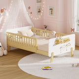 Twin Size Convertible Kids Platform Bed Frame, Wooden Low Profile Bed with Removable Guardrails & Footboard Holder