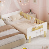 Twin Size Convertible Kids Platform Bed Frame, Wooden Low Profile Bed with Removable Guardrails & Footboard Holder