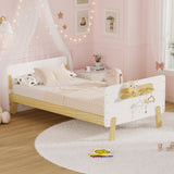 Twin Size Convertible Kids Platform Bed Frame, Wooden Low Profile Bed with Removable Guardrails & Footboard Holder