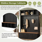 All-in-1 Hall Tree Entryway Storage Bench Mudroom Coat Closet Enclosed Shoe Cabinets with Hooks & Open Shelves, Black