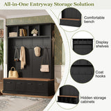 All-in-1 Hall Tree Entryway Storage Bench Mudroom Coat Closet Enclosed Shoe Cabinets with Hooks & Open Shelves, Black