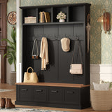 All-in-1 Hall Tree Entryway Storage Bench Mudroom Coat Closet Enclosed Shoe Cabinets with Hooks & Open Shelves, Black