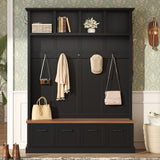 All-in-1 Hall Tree Entryway Storage Bench Mudroom Coat Closet Enclosed Shoe Cabinets with Hooks & Open Shelves, Black