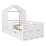 Twin Size Toddler House Bed Kids Platform Bed Frame with Detachable Tent, Light, Bookshelves, Storage Drawers&Safety Guardrails, White