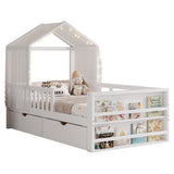 Twin Size Toddler House Bed Kids Platform Bed Frame with Detachable Tent, Light, Bookshelves, Storage Drawers&Safety Guardrails, White