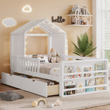 Twin Size Toddler House Bed Kids Platform Bed Frame with Detachable Tent, Light, Bookshelves, Storage Drawers&Safety Guardrails, White