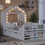 Twin Size Toddler House Bed Kids Platform Bed Frame with Detachable Tent, Light, Bookshelves, Storage Drawers&Safety Guardrails, White