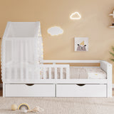 Twin Size Toddler House Bed Kids Platform Bed Frame with Detachable Tent, Light, Bookshelves, Storage Drawers&Safety Guardrails, White