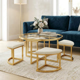 Modern Round Coffee Table with 4 Nesting Padded Stools, Tempered Glass Top&Gold Metal Frame, Center Table Sofa Table Cocktail Table,Clear