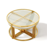 Modern Round Coffee Table with 4 Nesting Padded Stools, Tempered Glass Top&Gold Metal Frame, Center Table Sofa Table Cocktail Table,Clear