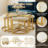 Modern Round Coffee Table with 4 Nesting Padded Stools, Tempered Glass Top&Gold Metal Frame, Center Table Sofa Table Cocktail Table,Clear