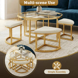 Modern Round Coffee Table with 4 Nesting Padded Stools, Tempered Glass Top&Gold Metal Frame, Center Table Sofa Table Cocktail Table,Clear