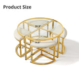 Modern Round Coffee Table with 4 Nesting Padded Stools, Tempered Glass Top&Gold Metal Frame, Center Table Sofa Table Cocktail Table,Clear