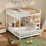 Full Over Queen L-Shaped Bunk Bed with Safety Guardrails, 3-Tier Storage Shelves & Side DIY Grid Pegboard for Teens/Adults