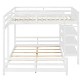 Full Over Queen L-Shaped Bunk Bed with Safety Guardrails, 3-Tier Storage Shelves & Side DIY Grid Pegboard for Teens/Adults
