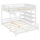 Full Over Queen L-Shaped Bunk Bed with Safety Guardrails, 3-Tier Storage Shelves & Side DIY Grid Pegboard for Teens/Adults