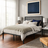 Full Size Metal Bed Frame with Geometric Headboard, Platform Bed for Bedroom, Apartment, Snap-Fit Assembly, No Box Spring Needed