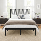 Full Size Metal Bed Frame with Geometric Headboard, Platform Bed for Bedroom, Apartment, Snap-Fit Assembly, No Box Spring Needed