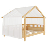 Full Size Wood House Bed Frame for Kids, Wood Low Profile Platform Bed Frame with Tent for Bedroom