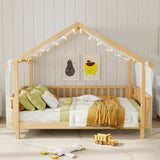 Full Size Wood House Bed Frame for Kids, Wood Low Profile Platform Bed Frame with Tent for Bedroom