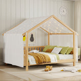 Full Size Wood House Bed Frame for Kids, Wood Low Profile Platform Bed Frame with Tent for Bedroom