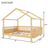 Full Size Wood House Bed Frame for Kids, Wood Low Profile Platform Bed Frame with Tent for Bedroom