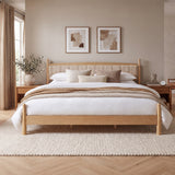 King Size Solid Pine Platform Bed - Stripe Fabric Upholstered Headboard Bed Frame with Wooden Support Slats
