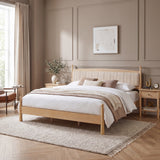 King Size Solid Pine Platform Bed - Stripe Fabric Upholstered Headboard Bed Frame with Wooden Support Slats