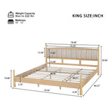 King Size Solid Pine Platform Bed - Stripe Fabric Upholstered Headboard Bed Frame with Wooden Support Slats