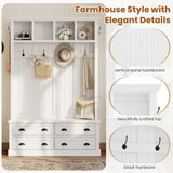 Farmhouse Hall Tree with Bench & 4 Drawers, Mudroom Coat Rack with 6 Hooks, Entryway Storage Organizer with Open Shelf for Hallway