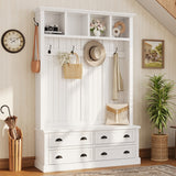 Farmhouse Hall Tree with Bench & 4 Drawers, Mudroom Coat Rack with 6 Hooks, Entryway Storage Organizer with Open Shelf for Hallway