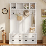Farmhouse Hall Tree with Bench & 4 Drawers, Mudroom Coat Rack with 6 Hooks, Entryway Storage Organizer with Open Shelf for Hallway