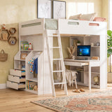 Full Size Wooden Loft Bed Frame High Workstation Bed with Study Desk, Wardrobe, 3-Drawer Chest & Bookshelves