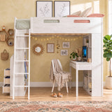 Full Size Wooden Loft Bed Frame High Workstation Bed with Study Desk, Wardrobe, 3-Drawer Chest & Bookshelves