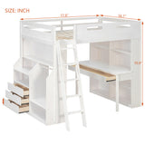 Full Size Wooden Loft Bed Frame High Workstation Bed with Study Desk, Wardrobe, 3-Drawer Chest & Bookshelves